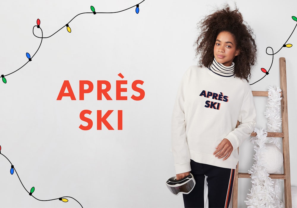 KULE KULE model wearing the new Apres Ski sweatshirt. She looks like she is ready to hit the slopes. Click to shop all Apres Ski gift ideas.