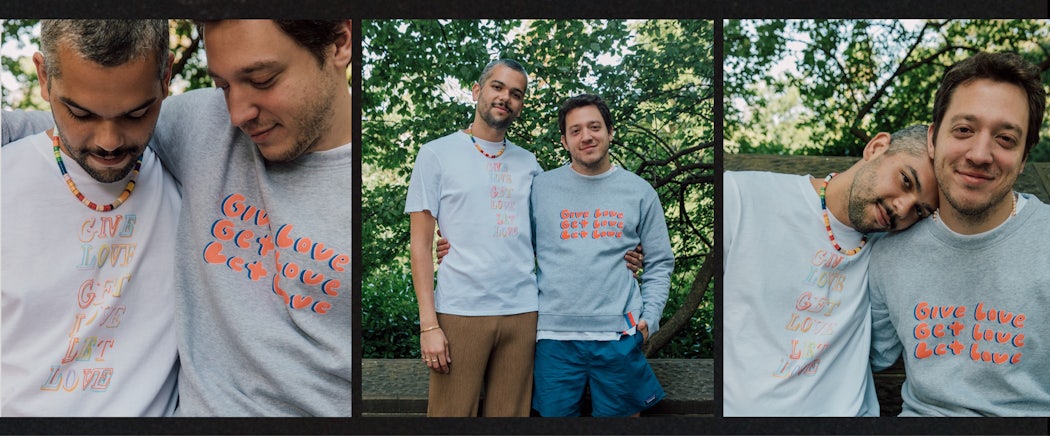 Two models with their arms around eachother wearing the Give Love, Get Love, Let Love Archie Pride t-shirt and Raleigh Pride sweatshirt from the Kule x Samantha Hahn Pride collection.